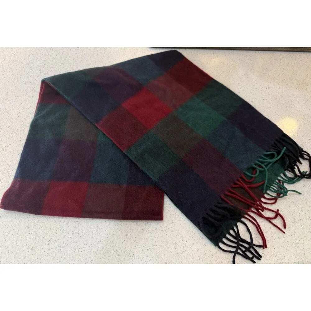 Nordstrom Red Blue Plaid Scarf 100% Cashmere 12x64 Fringe Made in Germany